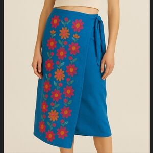 Handmade Embroidered Wrap Skirt Peacock Blue Floral Boho Festival Midi OS